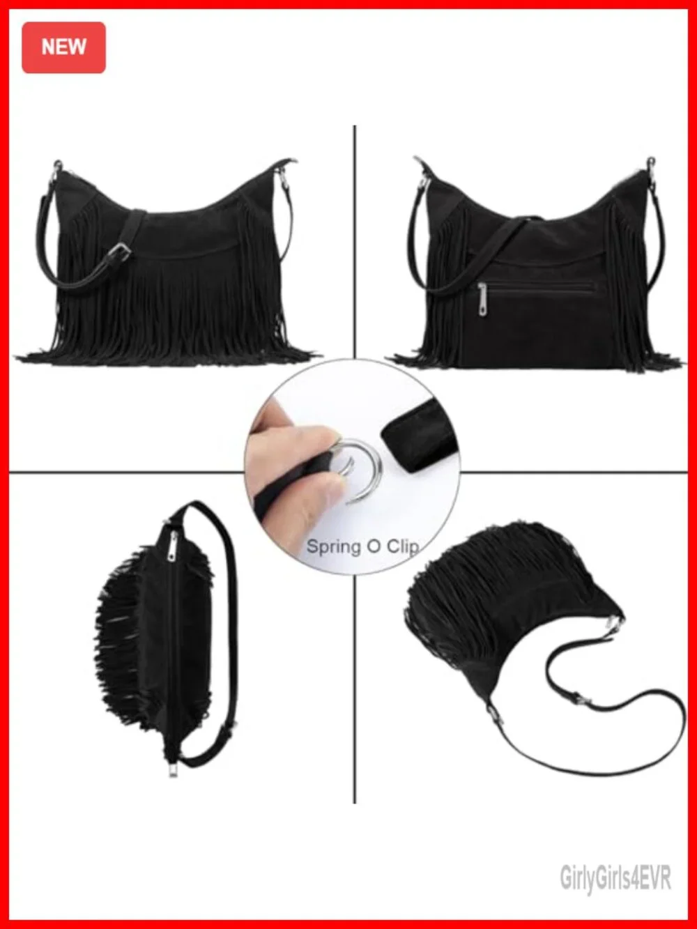 Vegan Suede Fringe Hobo Bag Tassel Hippie Crossbody Shoulder Purse